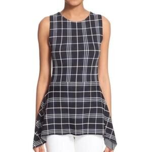 Theory Kalora Peplum Top Knit Plaid Sleeveless Blue Black P/00 Office Wear